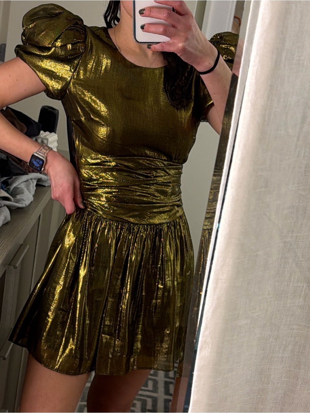 LoveShackFancy Mercy Silk Metallic Puff Sleeve Mini Fit and Flare Dress Size 0